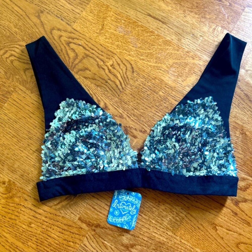 NWT Free People Let It Shine Bralette Black Silver Sequin Triangle Mesh Sparkle